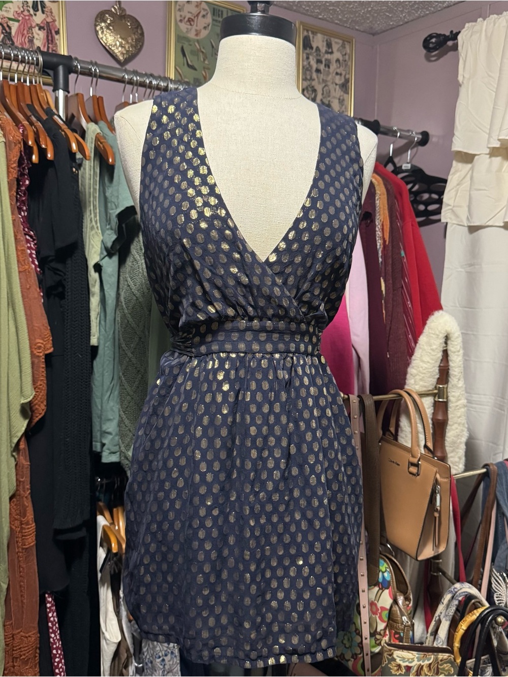 French Connection Navy Mini Dress with Gold Dot Accents